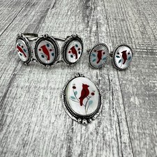 Vintage Zuni Cardinal Inlay Jewelry Set Bracelet Pendant Rings Sterling Silver
