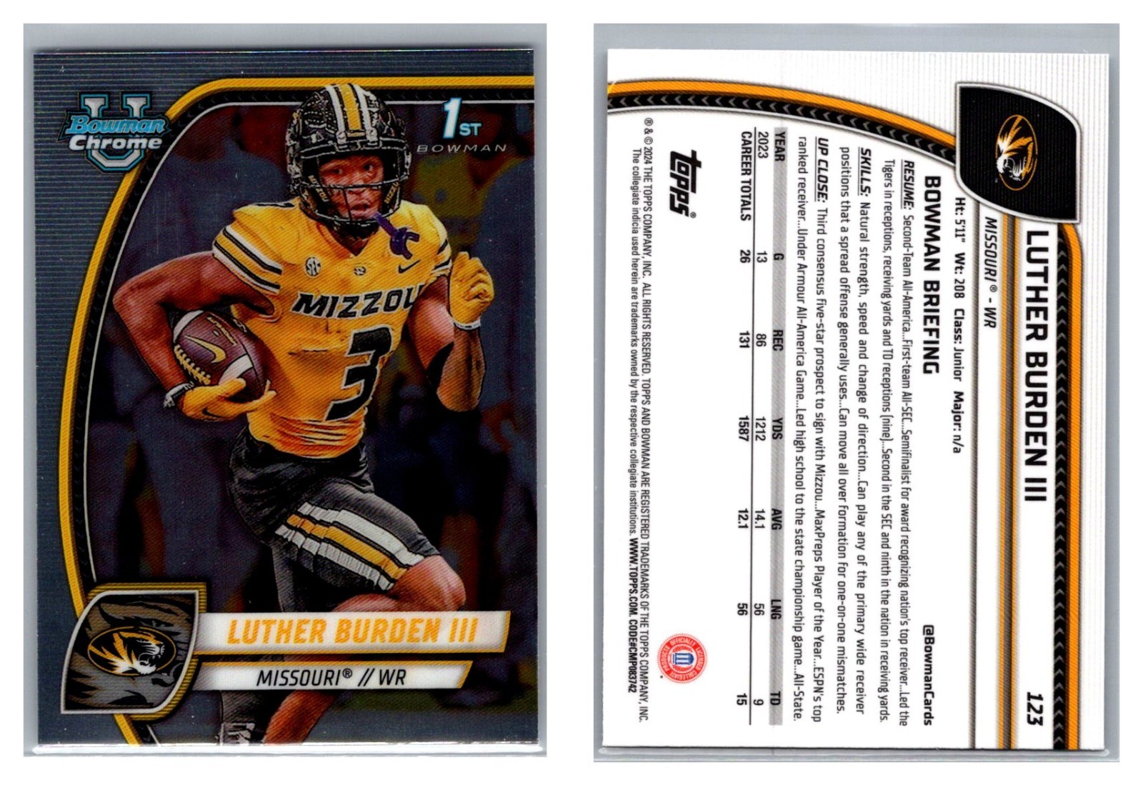 Luther Burden III 2024 Bowman U Chrome #123 Mizzou Tigers WR