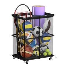 Ball Storage Bin Rolling Garage Ball Storage Cart with Lockable Wheels, Metal...