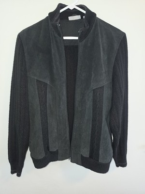 Vintage ADOLFO Men's M Black Suede Leather & Ribbed Knit Bomber Jacket Sweater