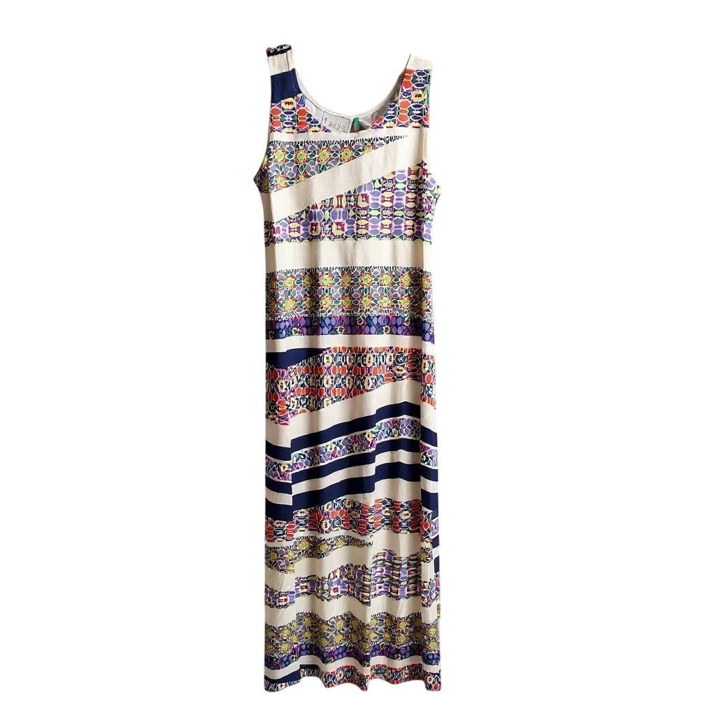 Leota Women's LARGE Birds Bees Geometric Maxi Dress White Multi Sleeveless  - CJ