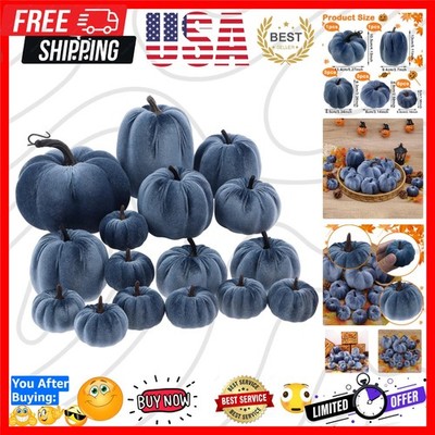 Assorted Velvet Pumpkins Set - 16 Navy Blue Artificial Pumpkins for Home Decor