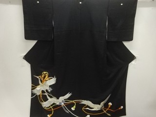 35045# JAPANESE KIMONO / ANTIQUE TOMESODE / SILK / EMBROIDERY / CRANE