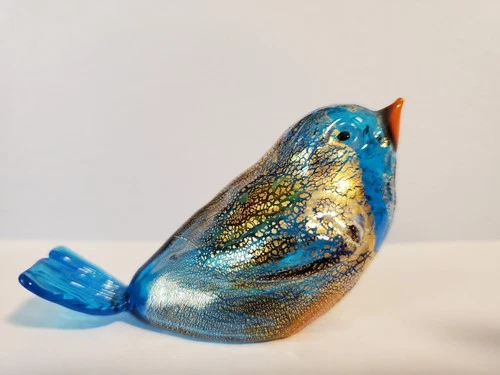 Murano Art Glass 3” Bird ~ Blue & Gold Infused - Hollow