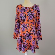 FREE PEOPLE Size 4 Coral & Purple Floral Long Sleeve Fit & Flare Skater Dress
