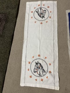 Horse  & Flowers Embroidered Runner Dresser Scarf 18” x 37” Vintage