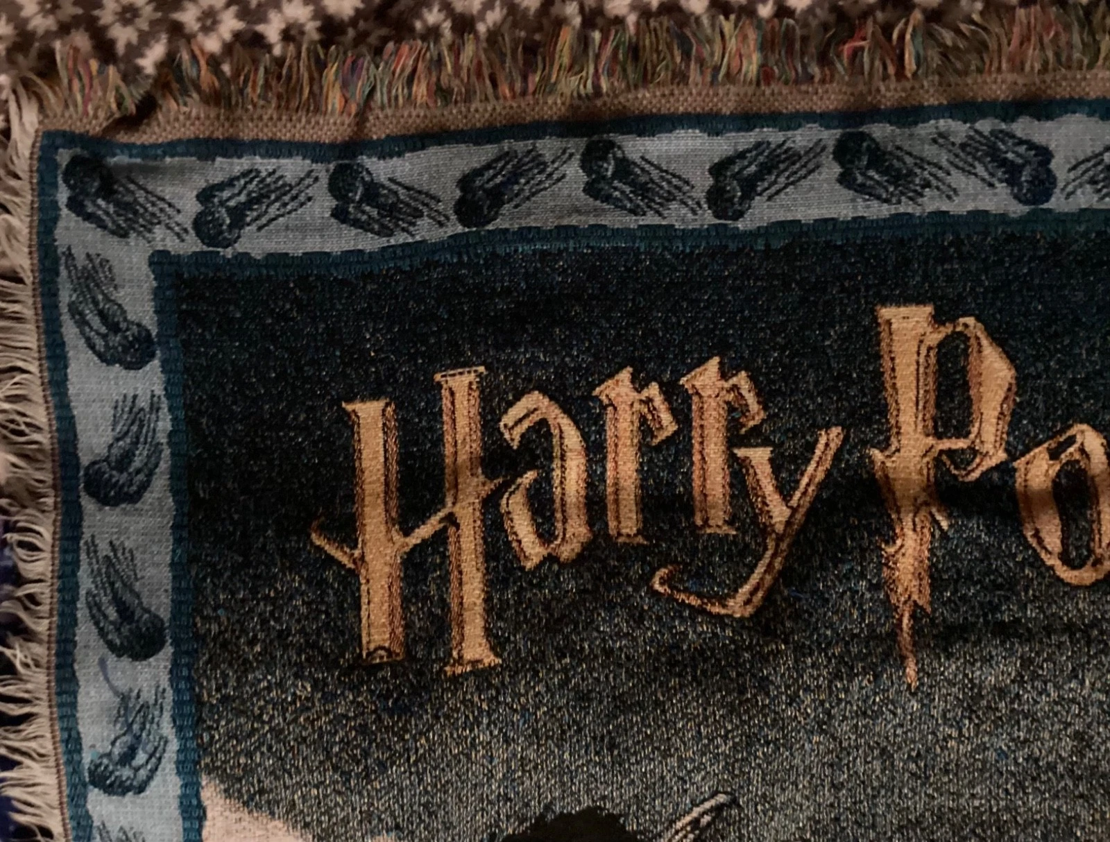 Vintage Harry Potter Throw Blanket Quidditch Hand Woven Fringed Warner Bros 2000