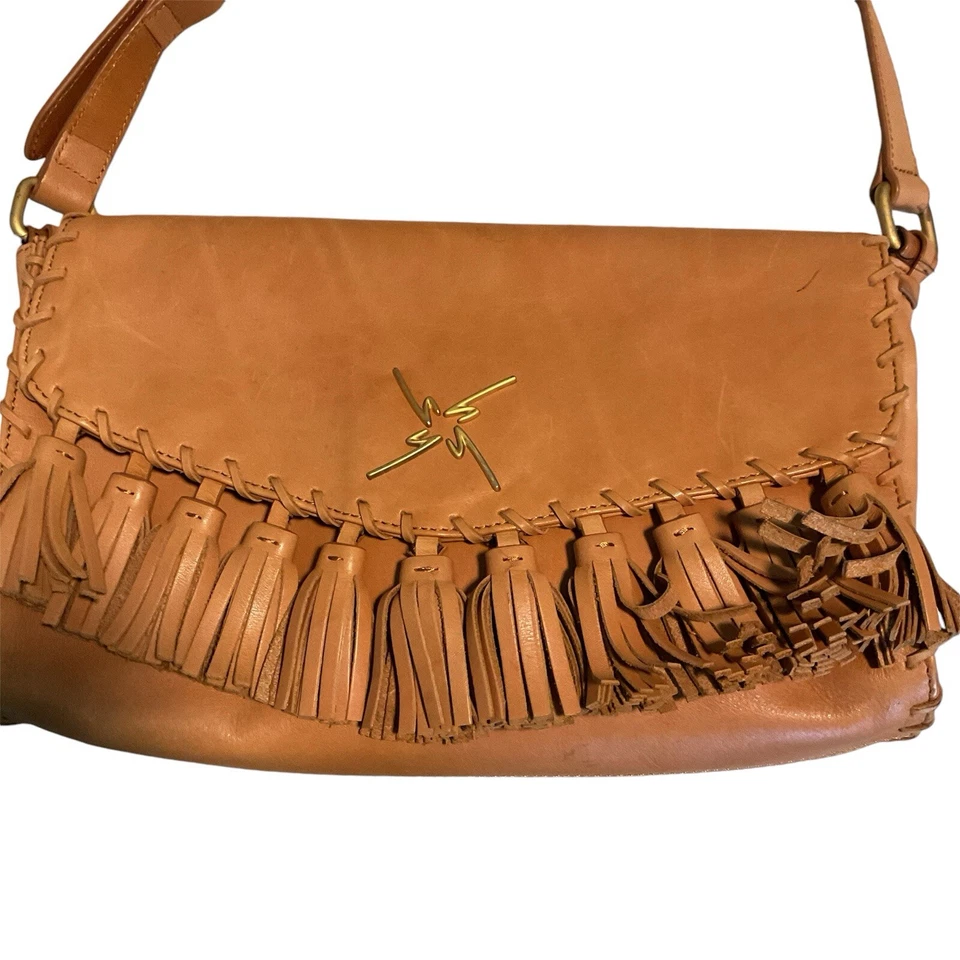 Nicole Miller Tan Leather Shoulder Purse Fringed Tassel Adjustable Straps - Image 3 of 4