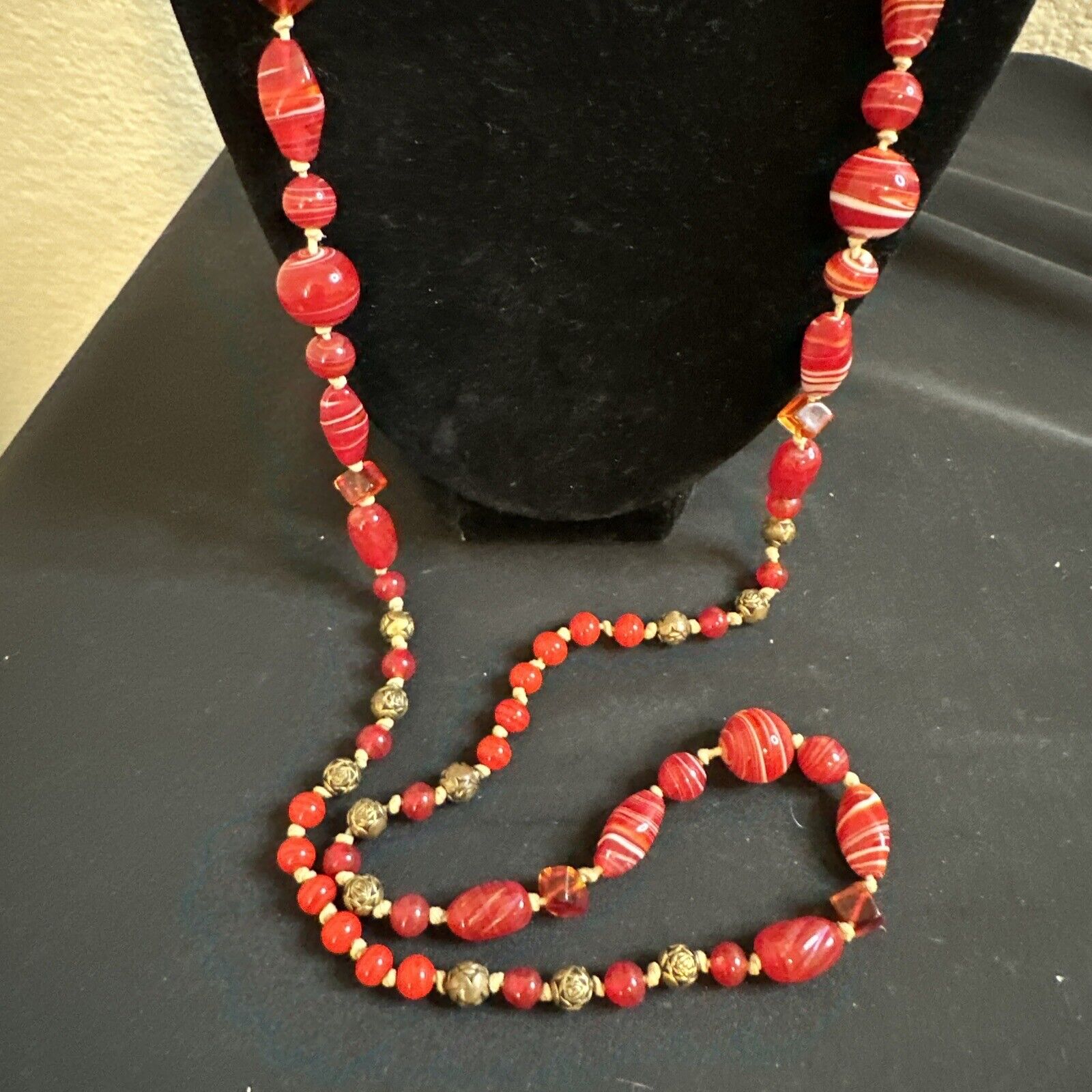 Lampworked Glass Necklace Red White Swirls 40-50’… - image 1