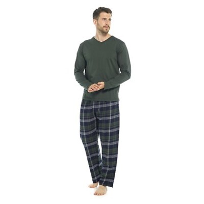 KAV Herrengarn gefärbt kariert Pyjama-Set - Baumwolle, grün/marineblau kariertes Muster, Komfort