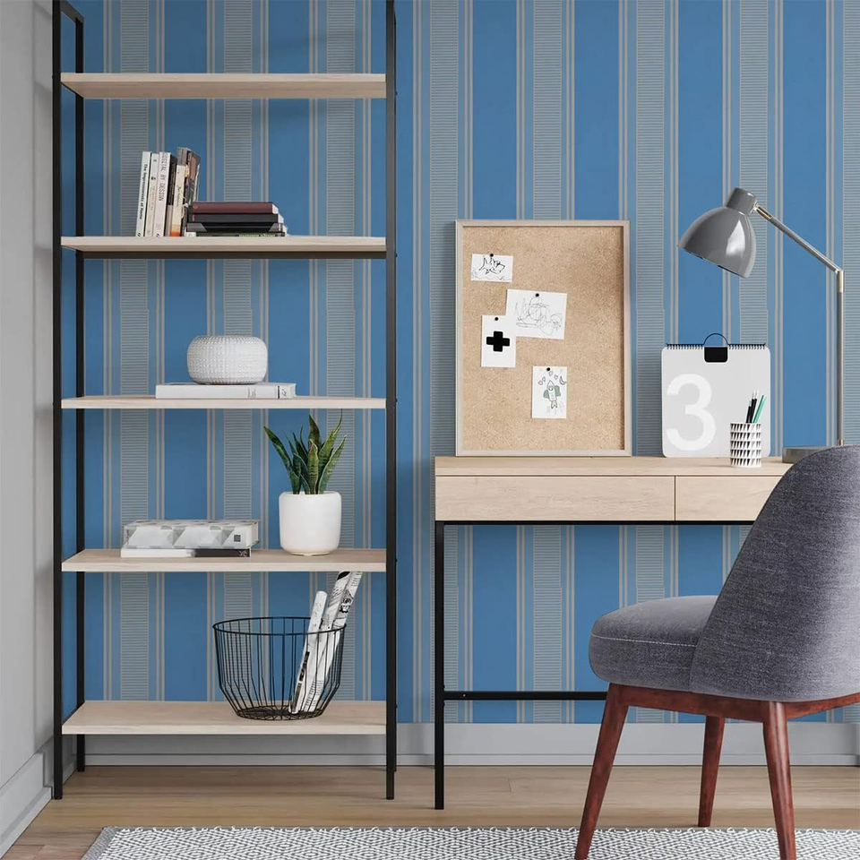17.7" X 117" Blue and White Stripe Wallpaper Peel and Stick Contact