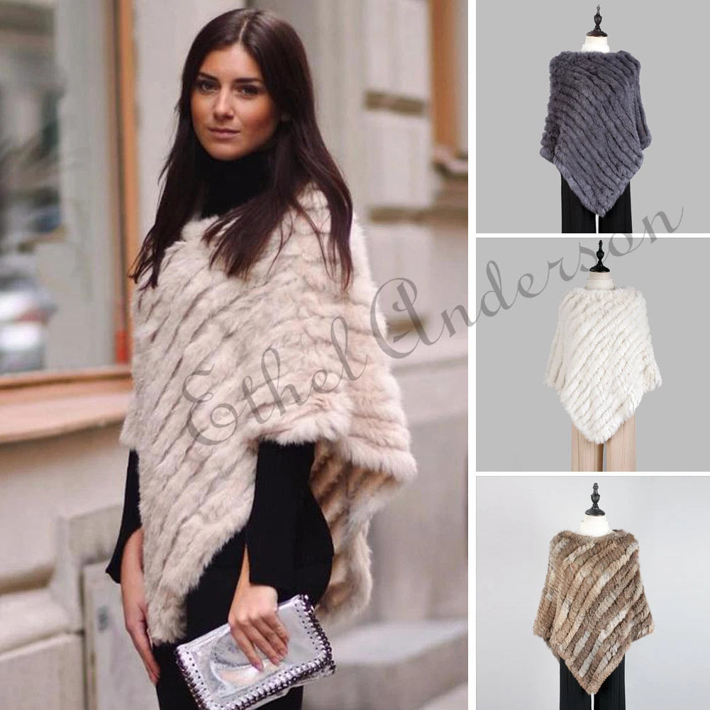 Real Rabbit Fur Knitted Wrap/Poncho Women's Good Buy Soft Shawl Hot Winter Capes