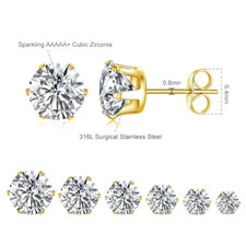 PAIR Gold Ion Plated Stud Earrings Prong Set Round Clear Gem 2mm 3mm 4mm 5mm 6mm