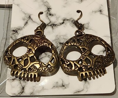 Skull Earrings Halloween Sugar Skull Dangle Ancient Bronze FREE SHIPPING