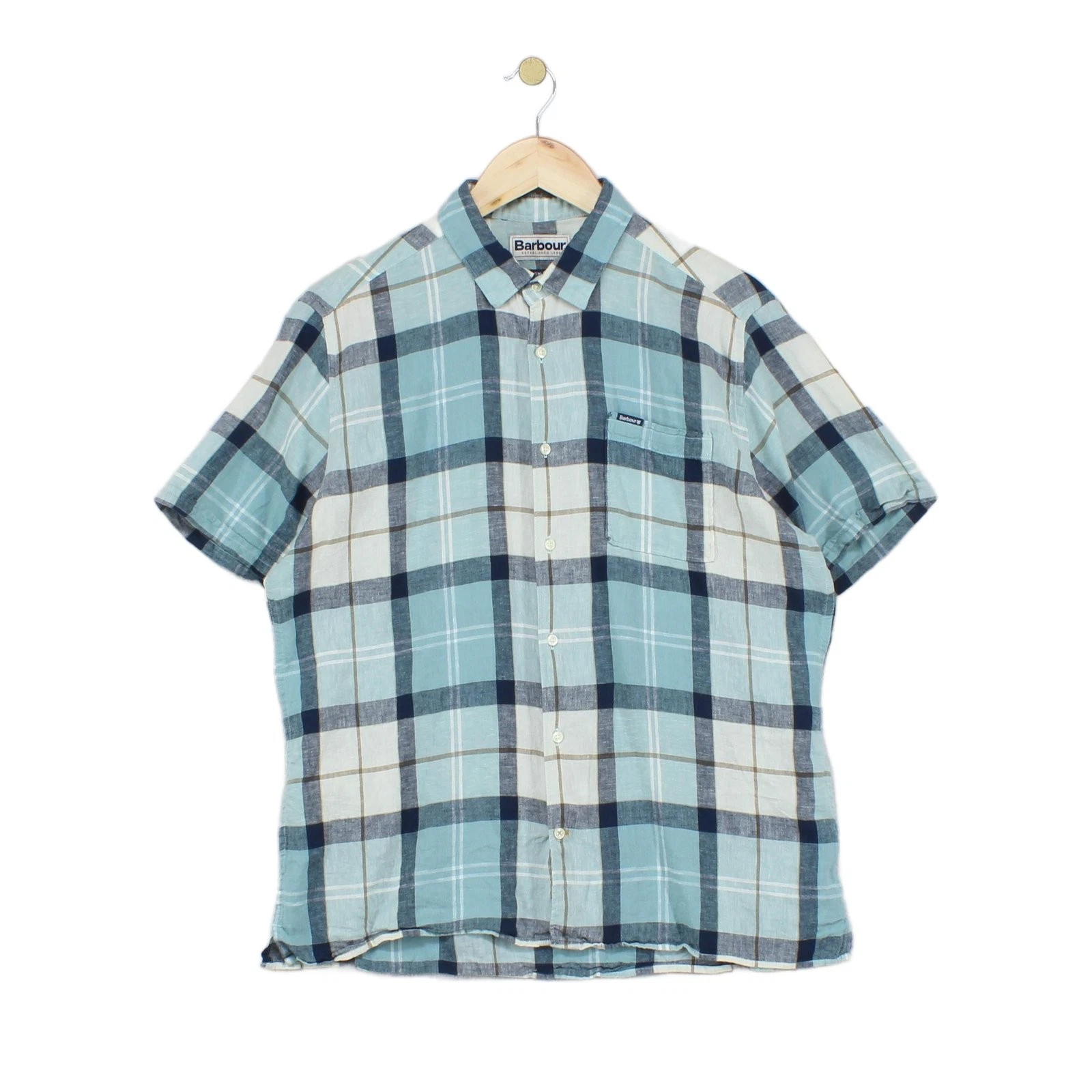Barbour Linen Plaid Shirt Mens Size M Blue Short Sleeve