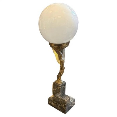 1930s Art Deco Black Marble, Gilded Metal And Milk Glass Italian Table Lampe