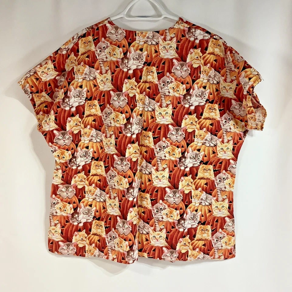 Handmade Homemade Scrub Top Halloween Size Medium Orange Pumpkin Kitten Cat - Image 2 of 3