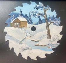 Rare Hand Painted Handmade Vintage Saw Blade Old Mill Snow Scene BJ Ferrell