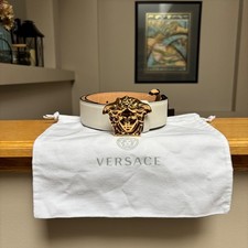 Versace White & Gold Leather Medusa Belt - 65 CM / 26" - $500 - New - Authentic