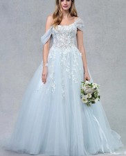 Abito da ballo in pizzo blu cielo abito da sposa abito da sposa 32-60 spalline lacci
