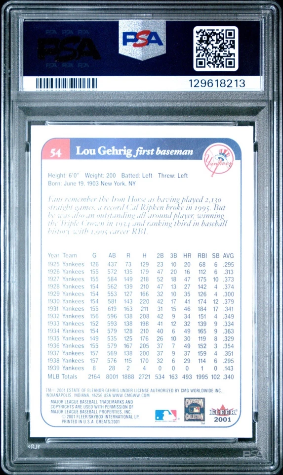 LOU GEHRIG 2001 FLEER GREATS OF THE GAME PSA 10 ! *FRESHLY GRADED LOW POP BEAUTY - Image 2 of 2