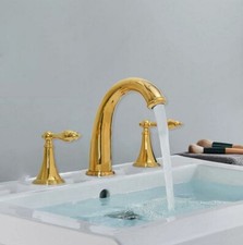 Gold Color Brass Bathroom 3 Holes Faucet Widespread Vanity Sink Mixer Tap snf986