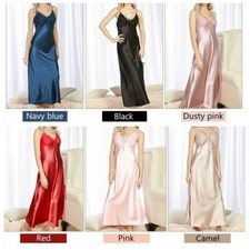 Lady Silky Satin Lace Sexy Long Dress V Neck Strap Slim Sleepwear Retro New