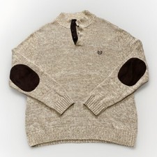 CHAPS Sweater Mens L Oatmeal Tan Knit Henley Mock Neck Brown Elbow Patch Classic