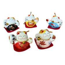 Set of 5 mini Maneki Neko Lucky Cat Figurines For Prosperity and Fortune Multico