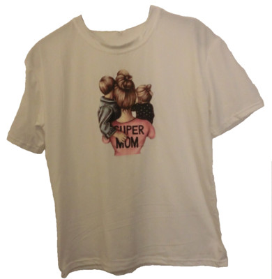 Weißes Shirt Kurzarm mit buntem Druckbild ''SUPER MOM'' Gr. L/XL  wie neu