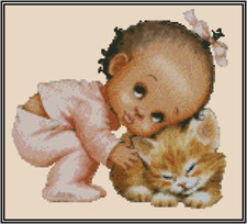 African American Baby Girl with Cat Counted Cross Stitch CHART No.50-117