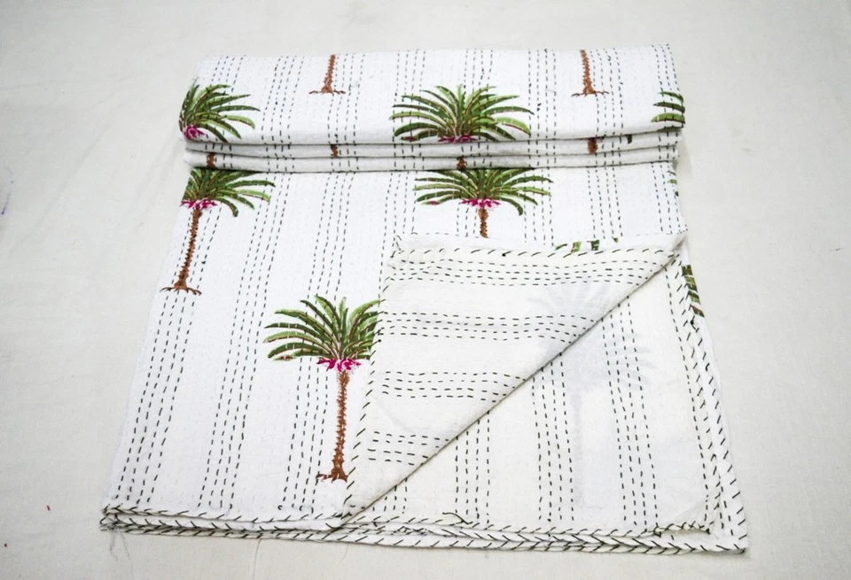 Colcha Kantha de palmera bloque de mano indio colcha de algodón indio tamaño queen boho Foto 2 de 4