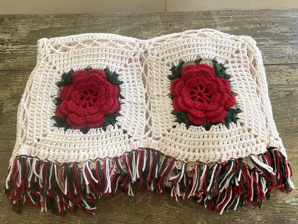 Vintage Crochet Afghan Blanket 3D Rose Throw Handmade Granny