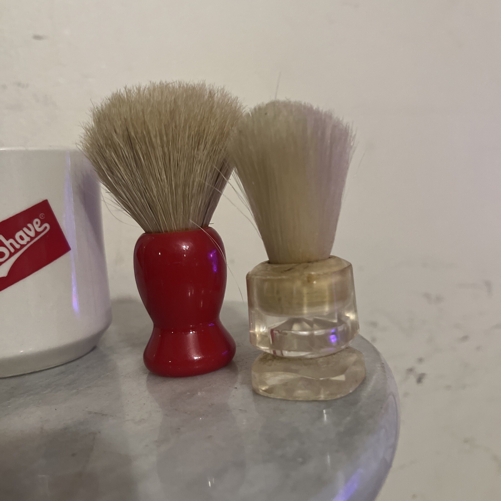 Lot of 5-4 Vtg Shaving Brushes-1 BURMA SHAVE MUG, Rubberset #2, Blue Dubl Duck