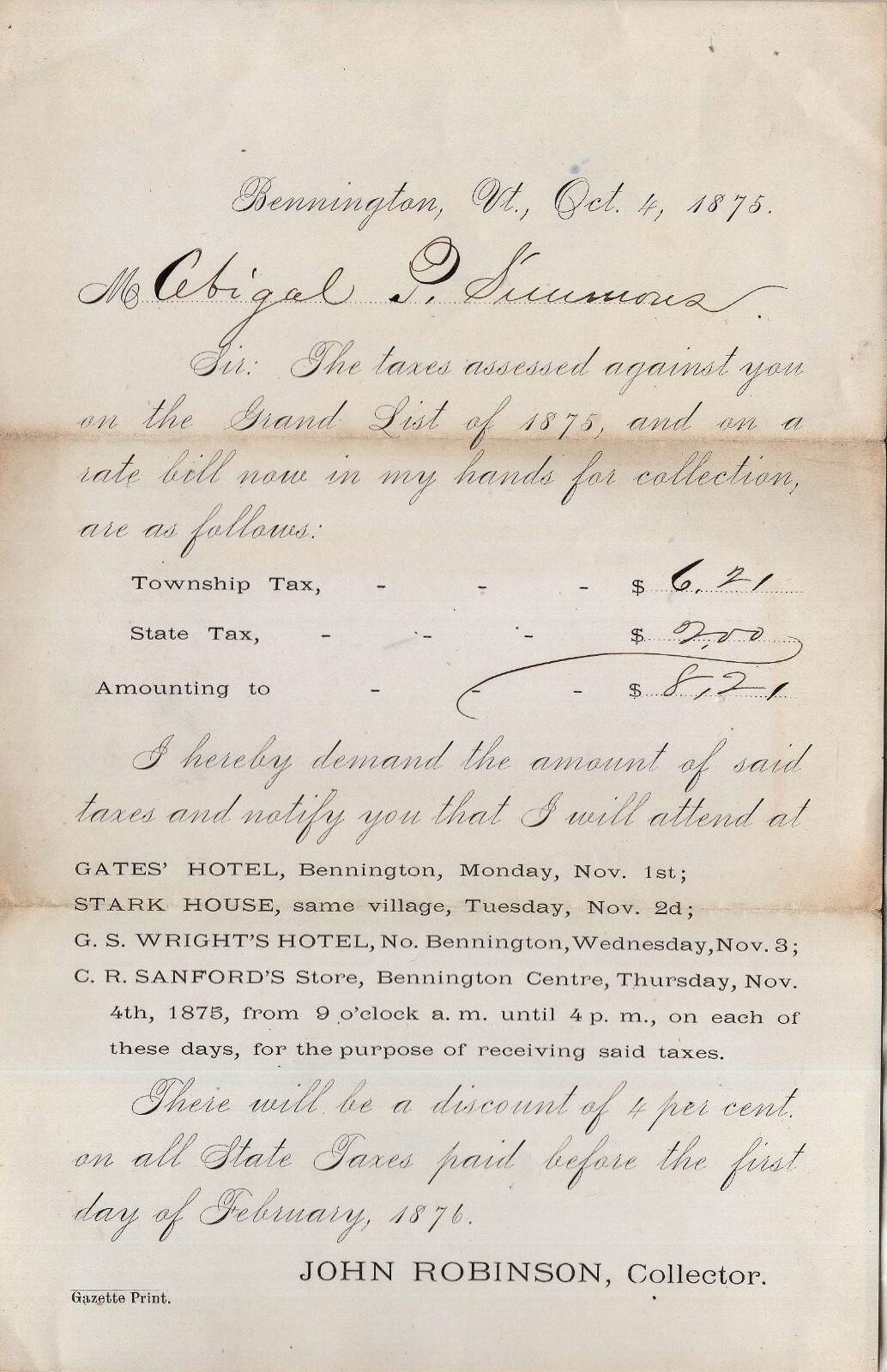 1875 Bennington VT Tax Collector Bill 8.21 to Abigal O. Simmons eBay
