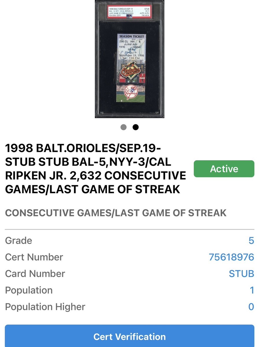 1998 CAL RIPKEN SIGNED LAST GAME OF STREAK #2632 TICKET STUB 9/19