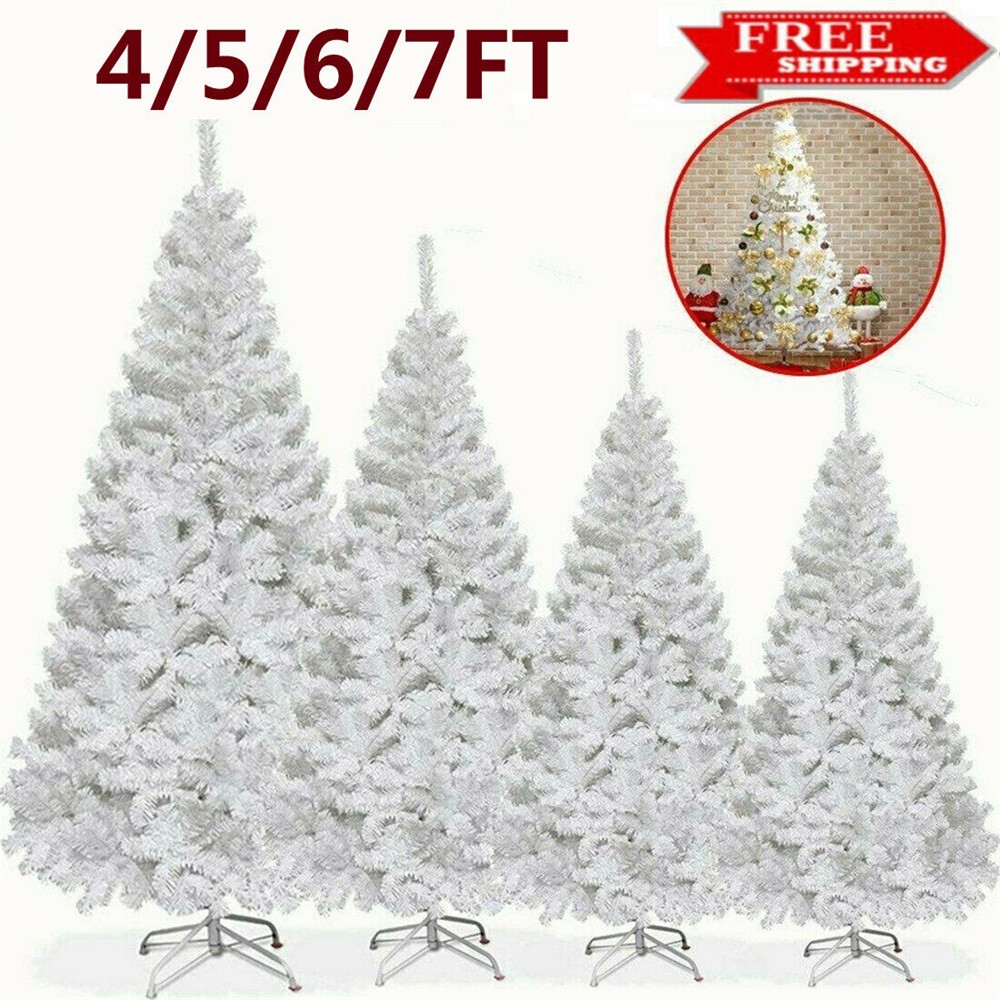 4/5/6/7FT White Christmas Tree Pre Lit With LED Lights Bushy Pine Xmas