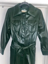 Mod Maid Vintage Pleather Green Long Belted Jacket Coat RARE Womens Size 8