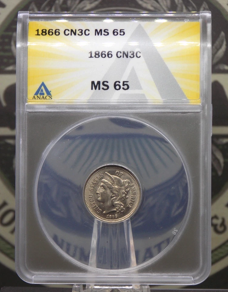 1866 Three Cent Nickel *OBSOLETE* 3CN ANACS MS65 #139 Gem BU Unc ECC&C, Inc. - Image 3 of 4