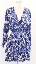 NWT Zara Blue White Abstract Ikat Print Smocked Tiered Mini Dress Size XS V Neck