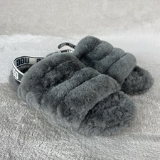 UGG Fluff Yeah Slide Slippers Girls 6 Woman 7 Gray Sheepskin Slingback