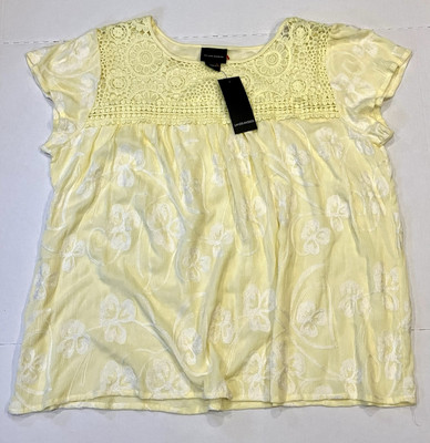 Liv Los Angeles Blouse Women s 1X Yellow Floral Embroidered Flutter Sleeve Boho