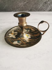 Vintage Enamel Brass Candle Holder With Orchids White And Gold