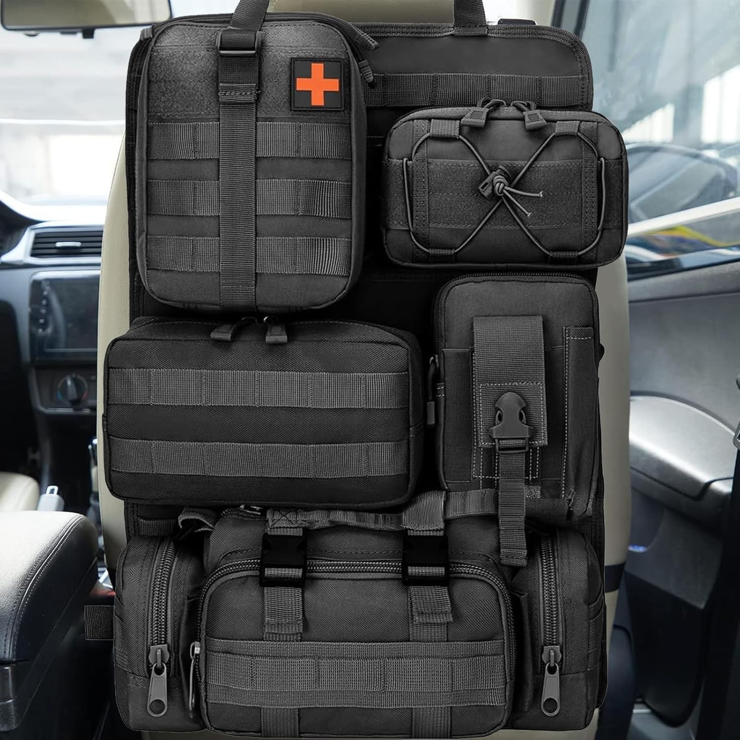 Tactical Car Seat Organizer with 5 Detachable Molle Pockets in Black