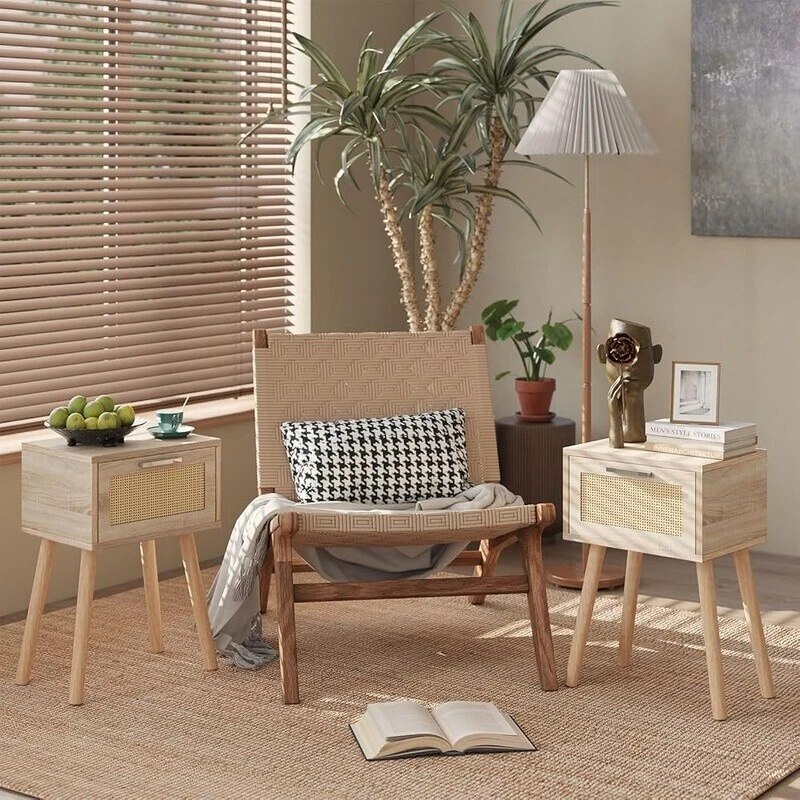 Juego de 2 Mesitas de Noche de Ratán Hechas a Mano Modernas Patas de Madera Maciza Espacio Pequeño Foto 2 de 4