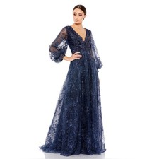 Mac Duggal 20283 Blue Embellished Plunge Neck Puff Sleeve A Line Gown Size 4 NWT
