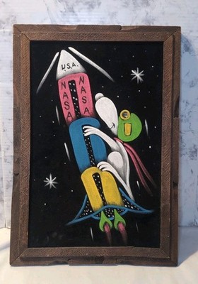 Vintage Snoopy USA NASA Rocket Space Moon Black Velvet Painting 20''X14'' Glows