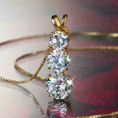 2.50Ct Diamond Round Cut 14K Yellow Gold Finish Three Stone Pendant Necklaces