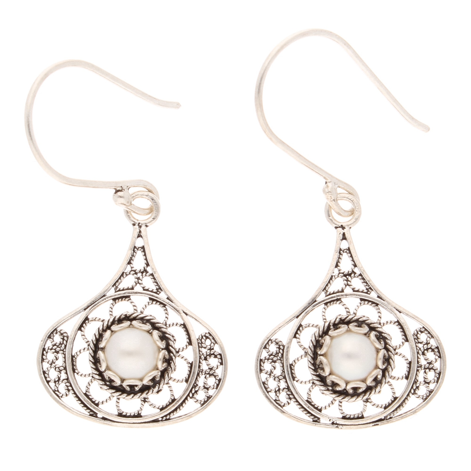 Sterling Silver Pearl Filigree Drop/ Dangle Earrings (19.5x42mm)