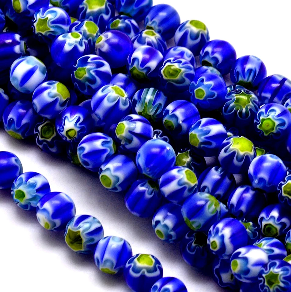 Millefiori Flower Glass Beads Blue & Yellow 8mm Approx 45pcs Featured Jewellery - Image 3 of 4